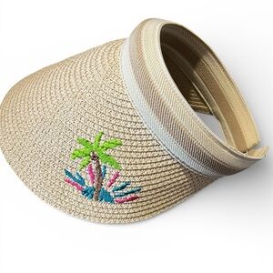 Straw Beige Palm Embroidered Women's Visor